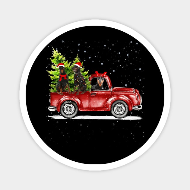 Christmas Three Doberman Dogs Ride Red Truck Costumer Xmas Magnet by eldridgejacqueline